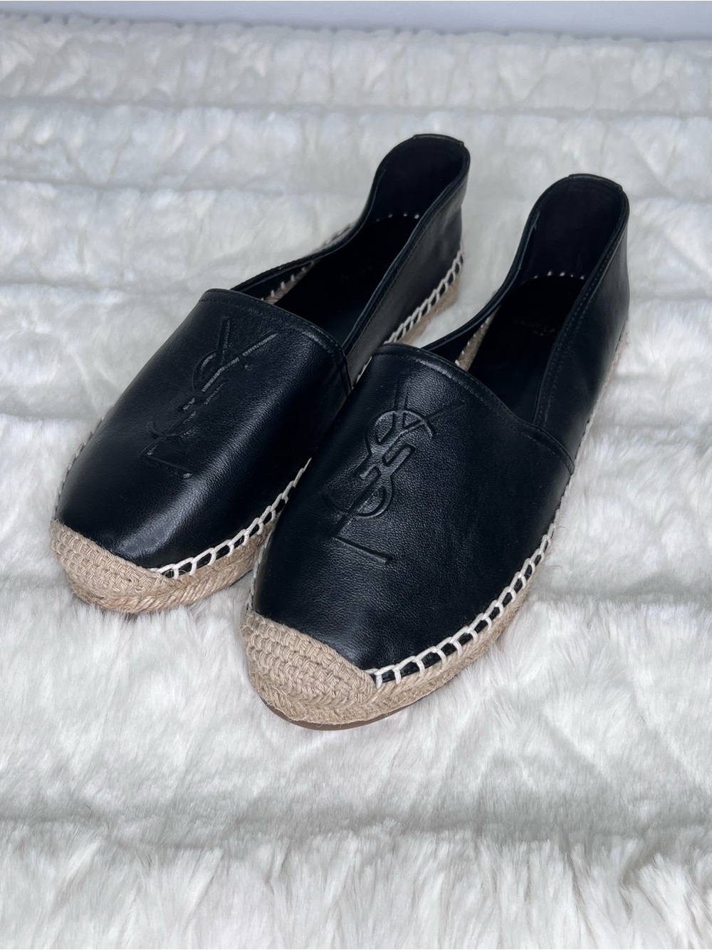 Yves Saint Laurent Black Leather Espadrille Flats